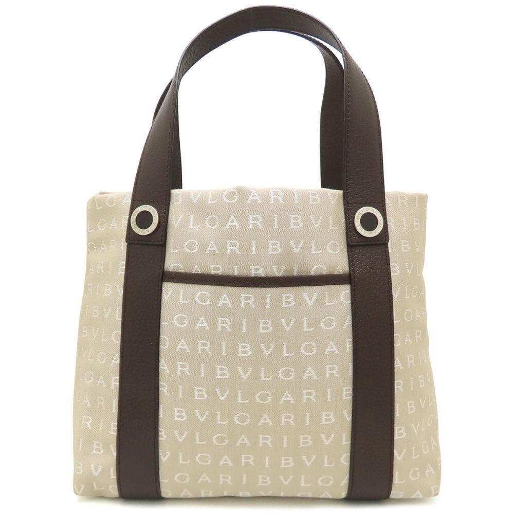 BVLGARI Logomania Tote Bag Handbag Canvas x Leather Beige Brown Women's 353578